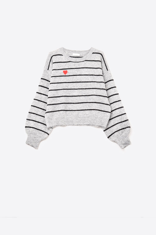 Q2 gray striped knit sweater with red heart detail