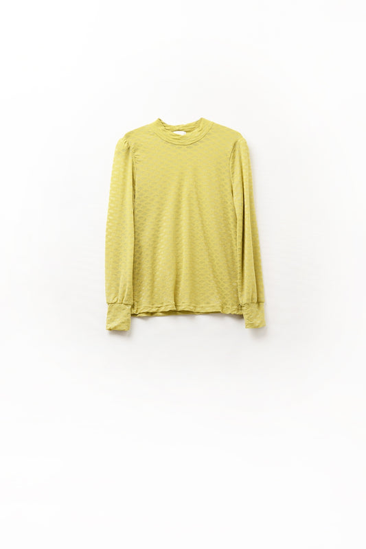 Q2 green lace top with high neck and cuff detail