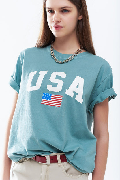 Green loose long t-shirt with USA logo