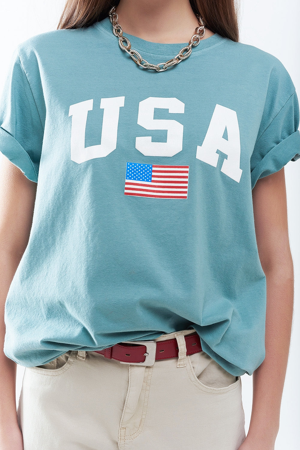 Green loose long t-shirt with USA logo