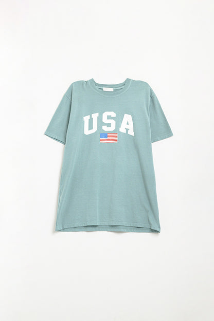 Green loose long t-shirt with USA logo