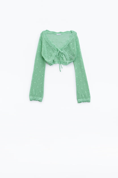 Q2 Green short crochet cardigan with lurex detail