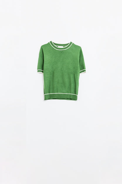 Green short sleeve sweater with white line detail