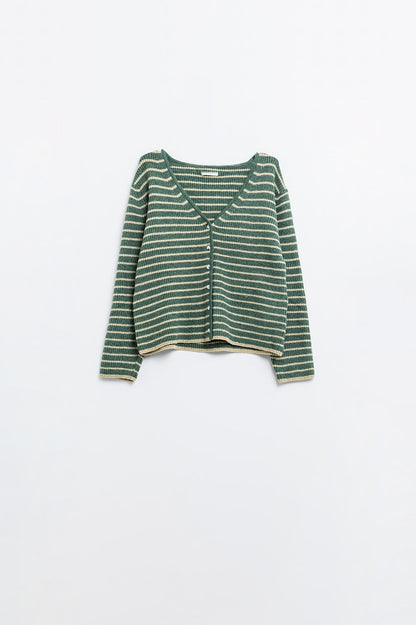 Q2 Green striped textured knit cardigan