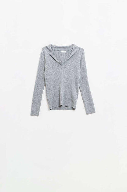Q2 Grey Collared Rib Top With Long Sleeves
