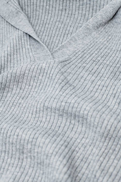 Grey Collared Rib Top With Long Sleeves