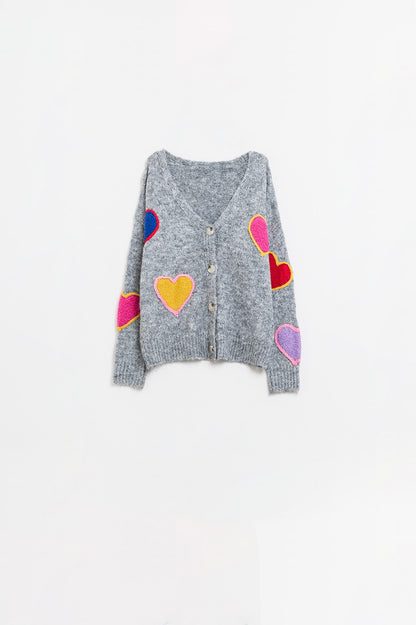Q2 Grey knitted cardigan with embroidered hearts