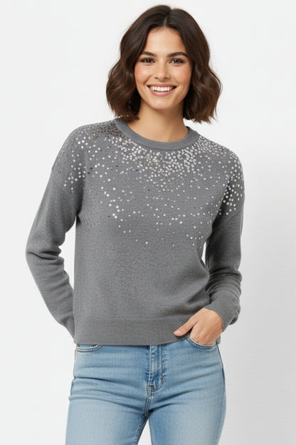 Grey soft knit sweater embellished with sequins on the front