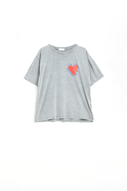 Q2 Grey T-shirt featuring a heart design on both the front and back