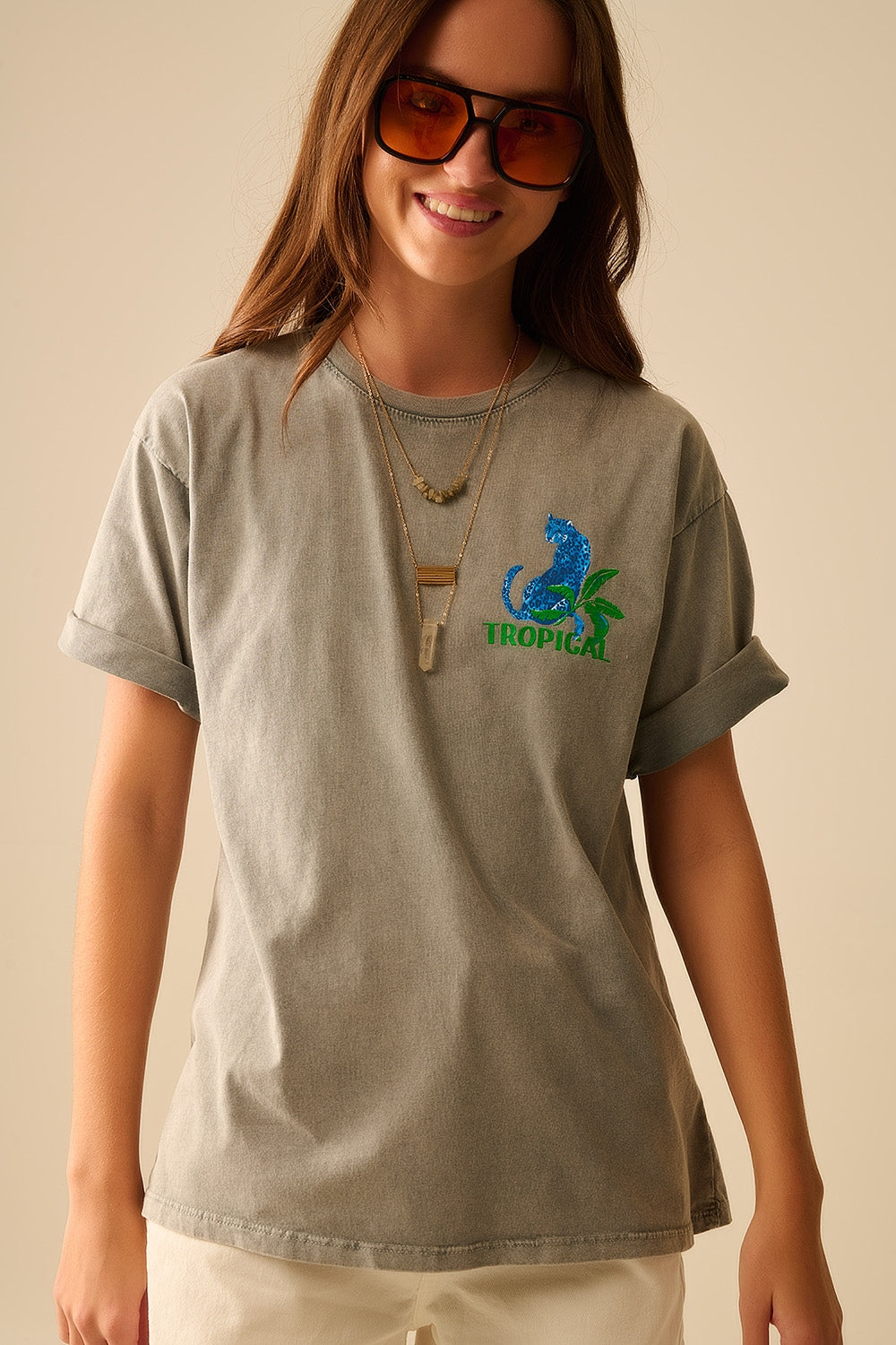 Grey t-shirt made in Italy with tropical graphic print