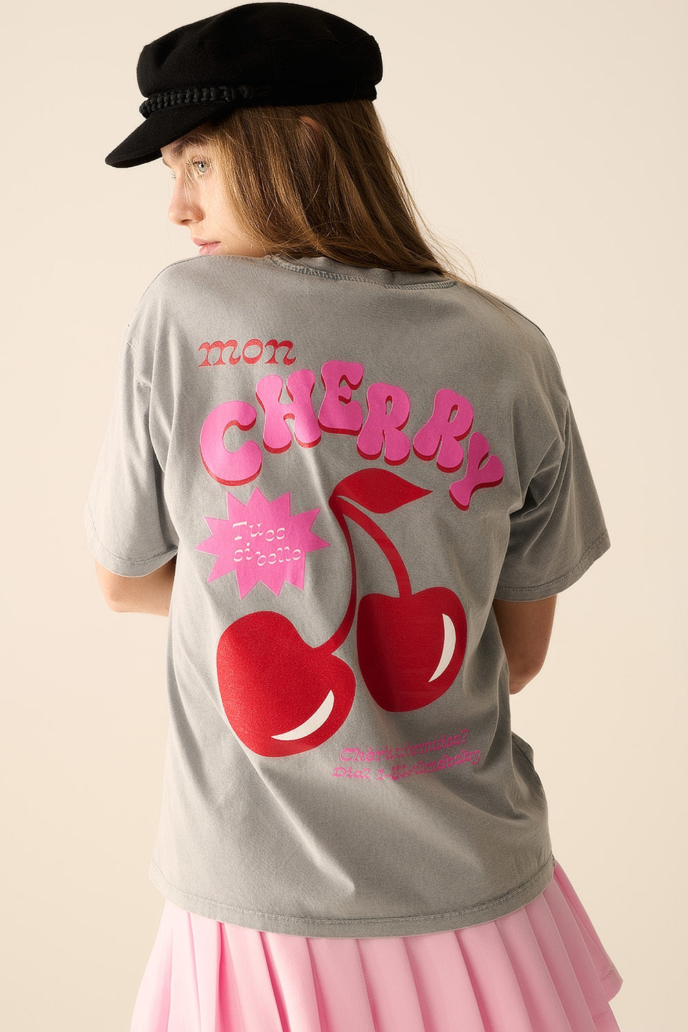 Grey T-shirt with Cherry in logo and letters