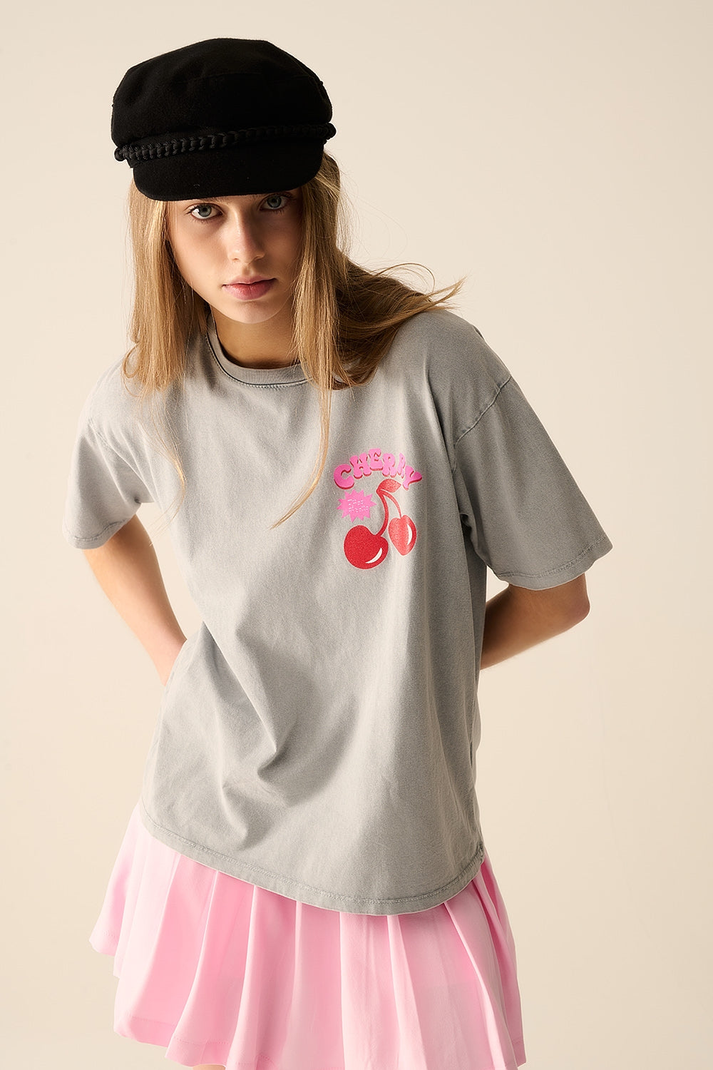 Grey T-shirt with Cherry in logo and letters