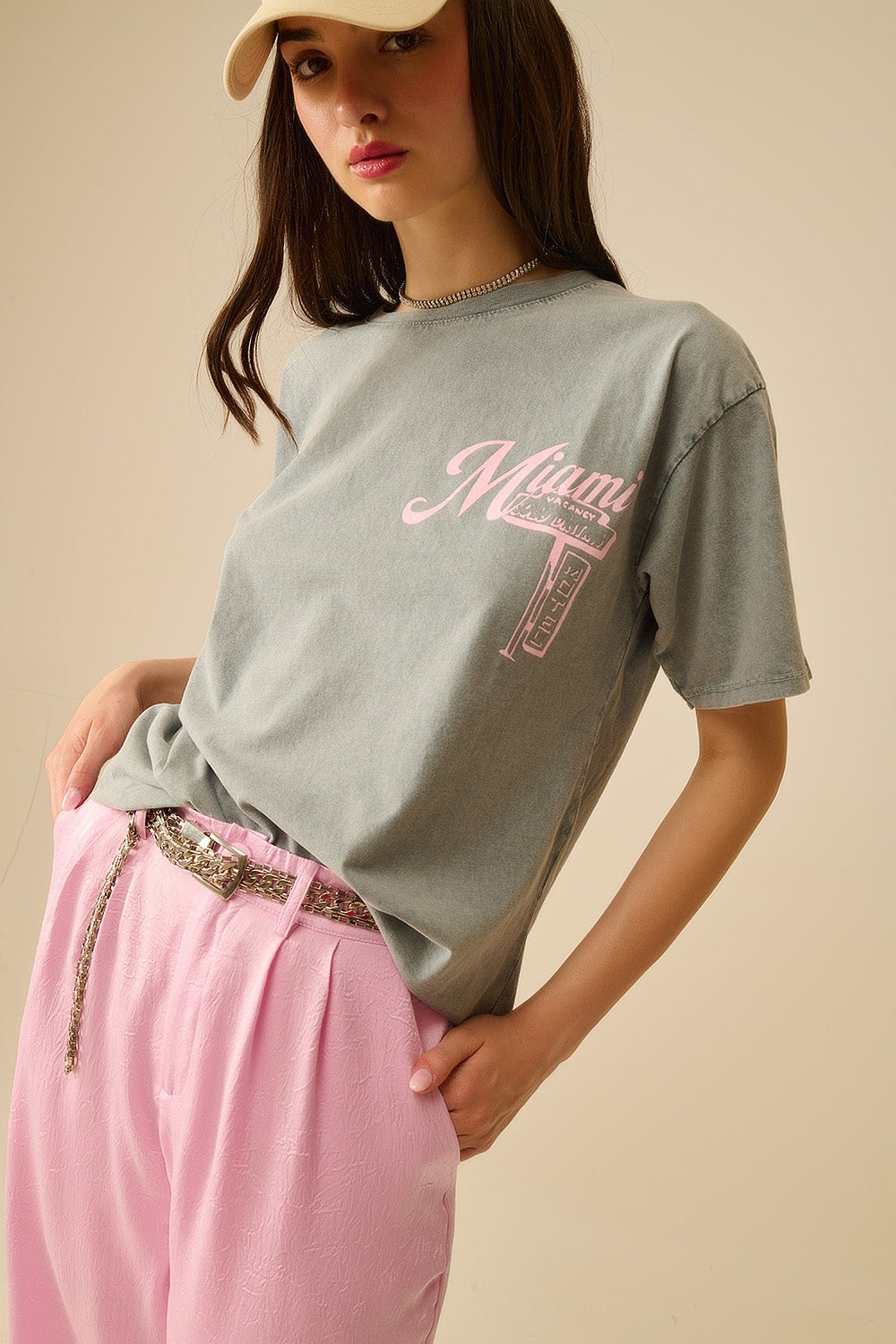 grey T-shirt with Miami logo print in pink