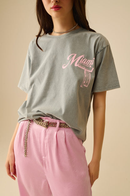 grey T-shirt with Miami logo print in pink