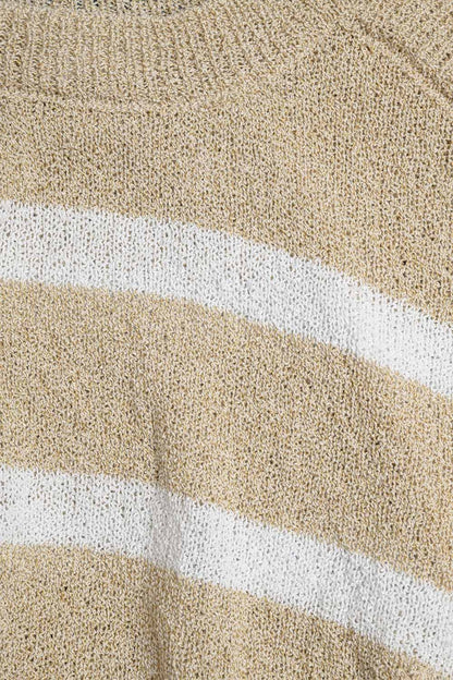 Heather Sweater With Open Shoulders and Horizontal Stripes in Beige