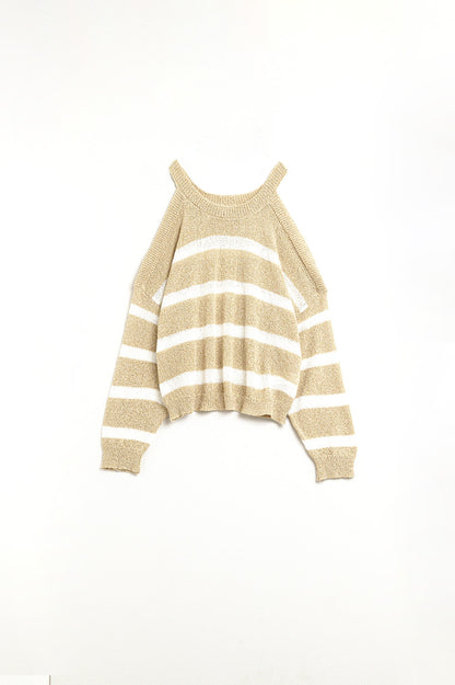 Heather Sweater With Open Shoulders and Horizontal Stripes in Beige