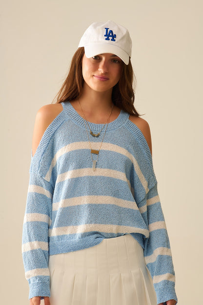 Q2 Heather Sweater With Open Shoulders and Horizontal Stripes in Blue