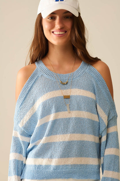 Heather Sweater With Open Shoulders and Horizontal Stripes in Blue