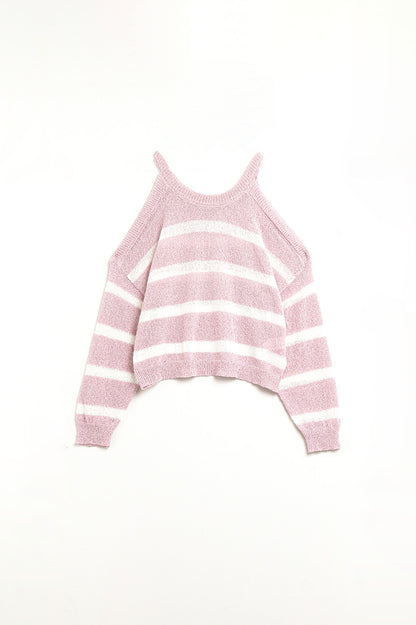 Heather Sweater With Open Shoulders and Horizontal Stripes in Pink