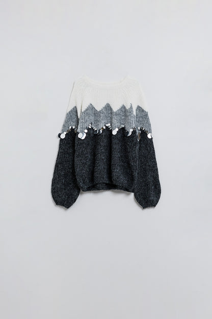 Herringbone Pattern Sweater With Sequin Details In Grey