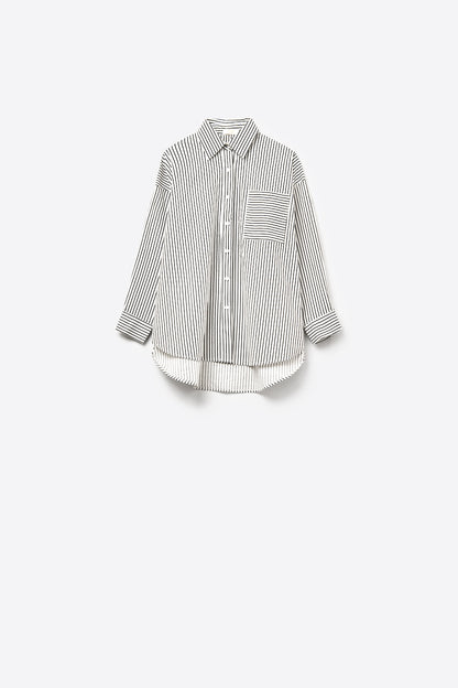 Q2 High-Low Oversized Striped Shirt With Chest Pocket in Black and White