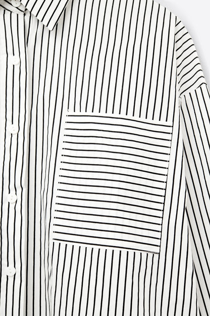 High-Low Oversized Striped Shirt With Chest Pocket in Black and White