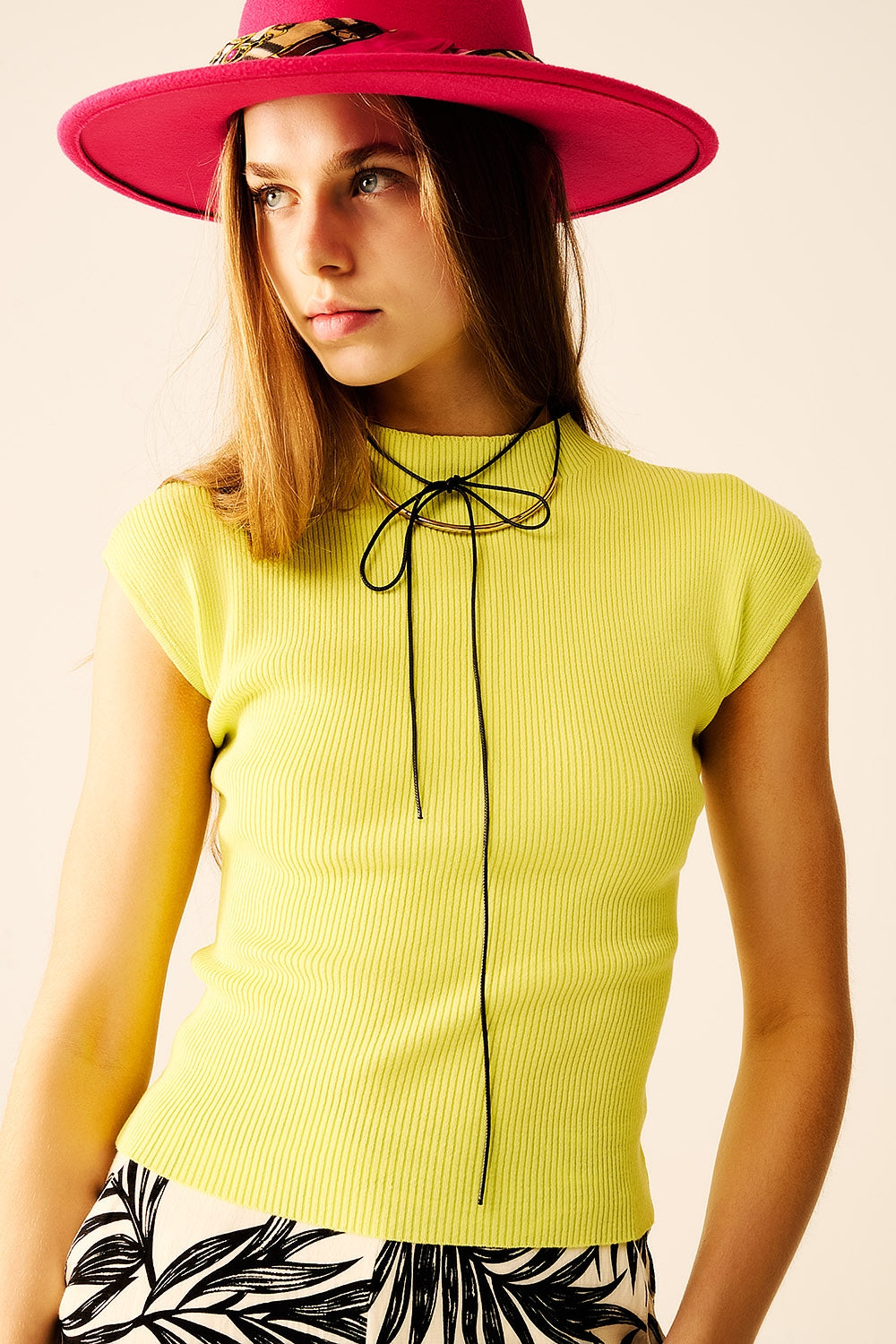 High Neck Cap Sleeves Top in Lime Green