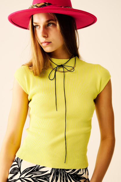 High Neck Cap Sleeves Top in Lime Green