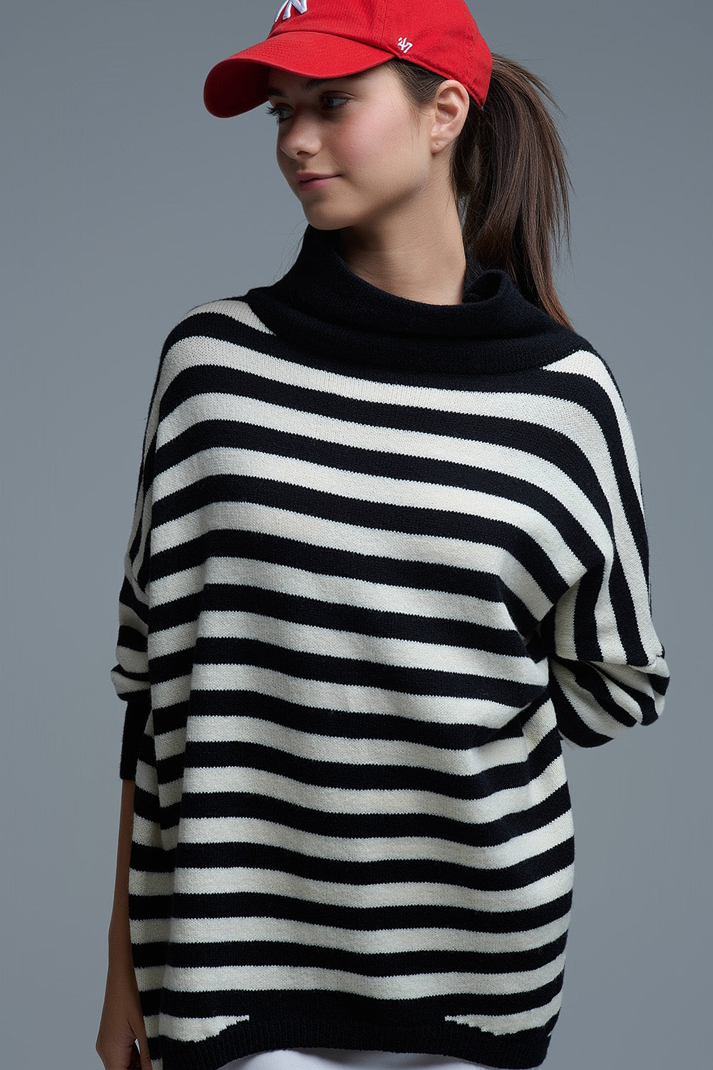 Q2 High Neck Oversized Sweater With Bat Wings and Stripes in black and white