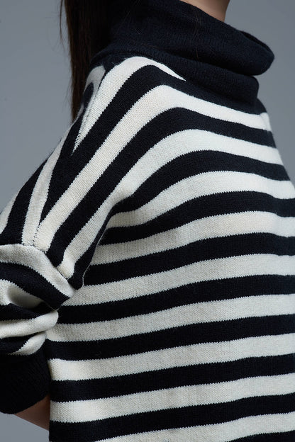High Neck Oversized Sweater With Bat Wings and Stripes in black and white