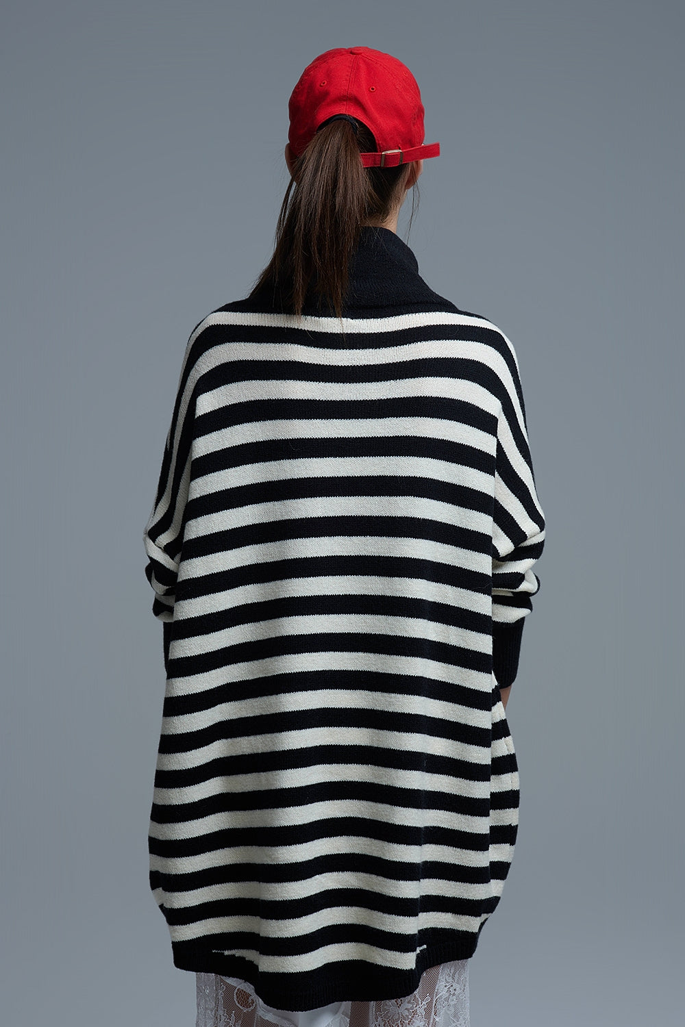 High Neck Oversized Sweater With Bat Wings and Stripes in black and white
