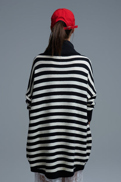 High Neck Oversized Sweater With Bat Wings and Stripes in black and white