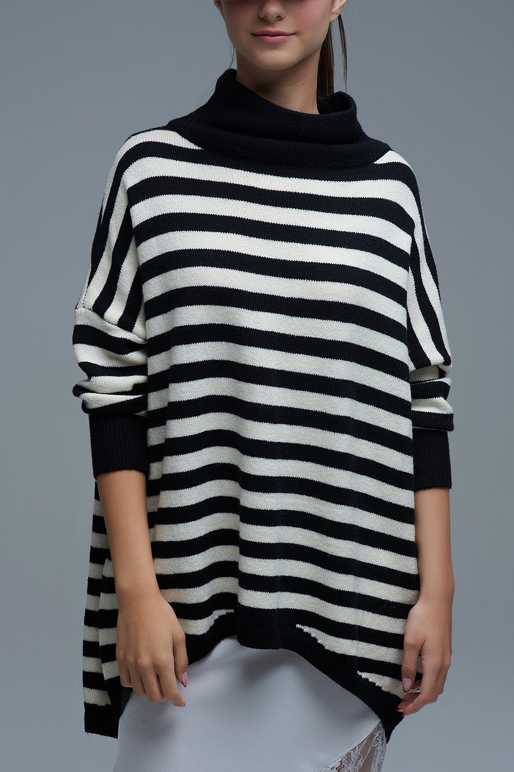 High Neck Oversized Sweater With Bat Wings and Stripes in black and white