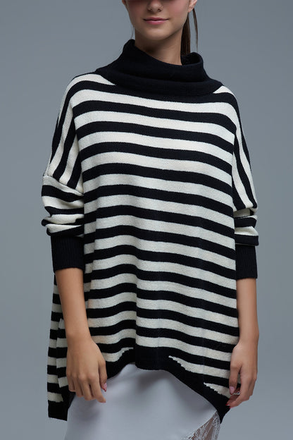 High Neck Oversized Sweater With Bat Wings and Stripes in black and white
