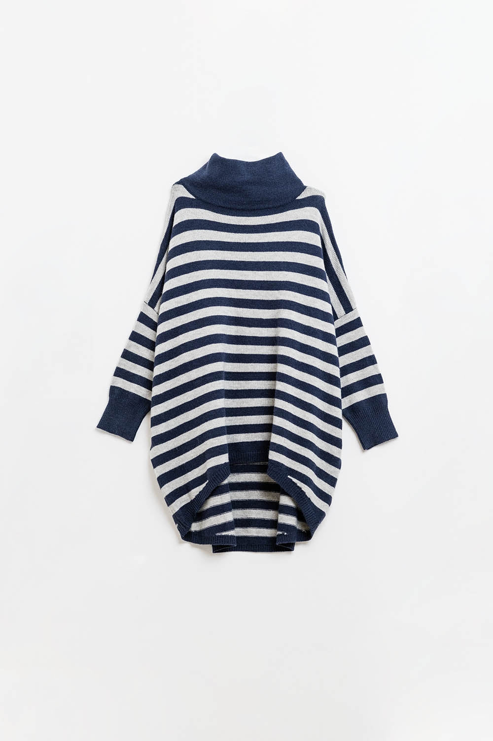High Neck Oversized Sweater With Bat Wings and Stripes in navy and grey