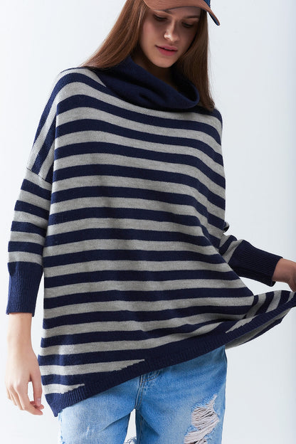 High Neck Oversized Sweater With Bat Wings and Stripes in navy and grey