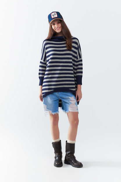High Neck Oversized Sweater With Bat Wings and Stripes in navy and grey