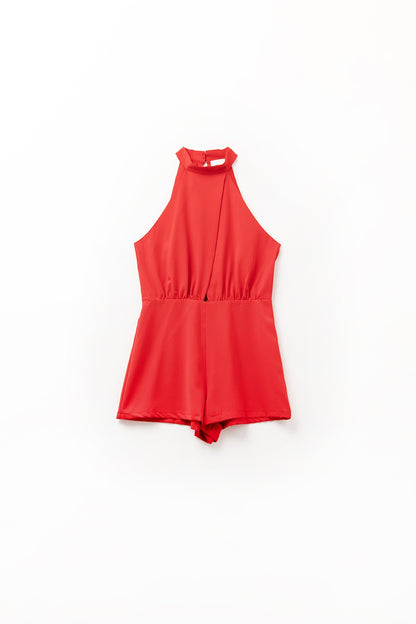 Q2 High Neck red romper with Front Pleat Detail