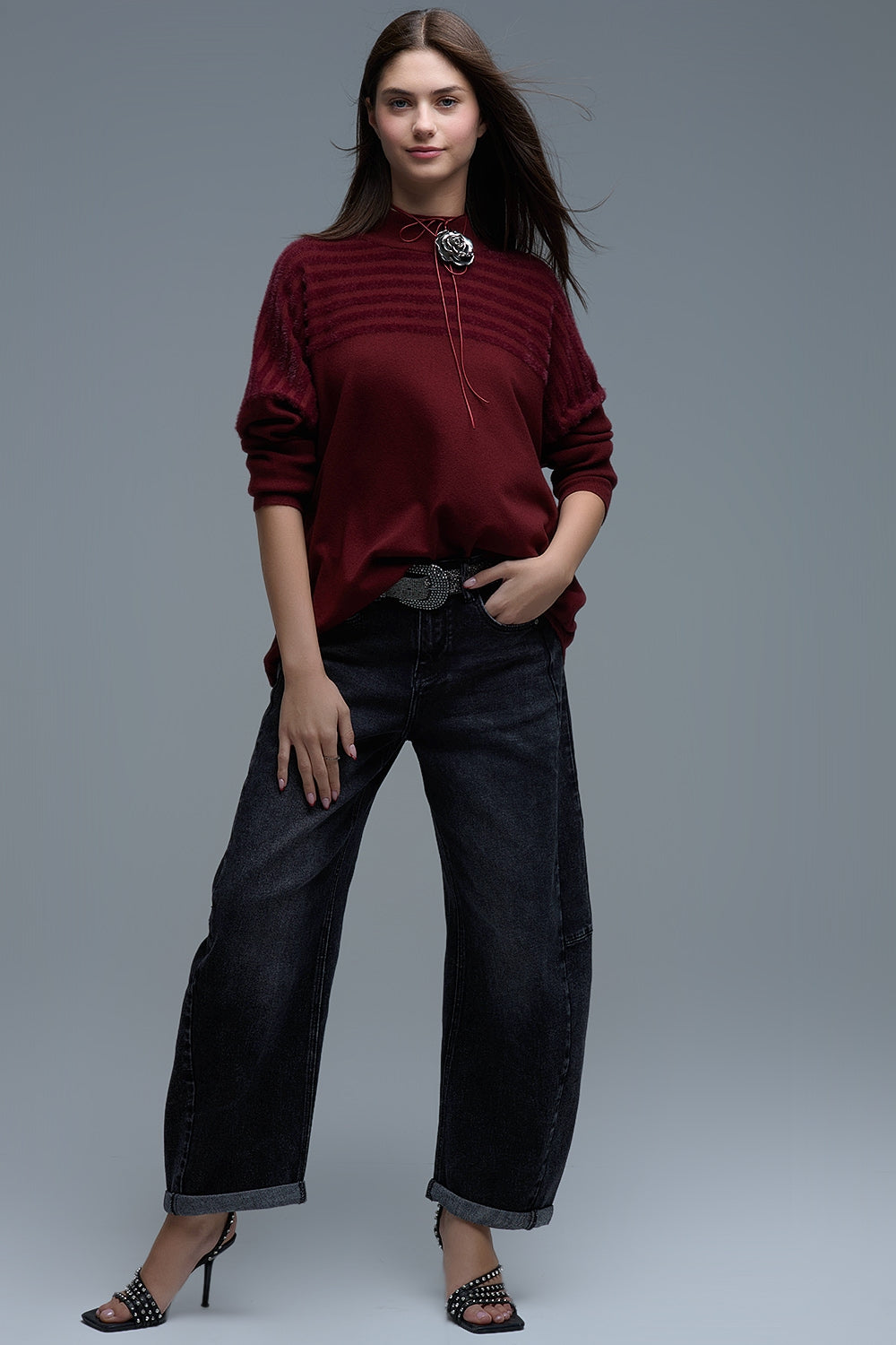 High Neck relaxed Sweater With Textured Stripes in Burgundy