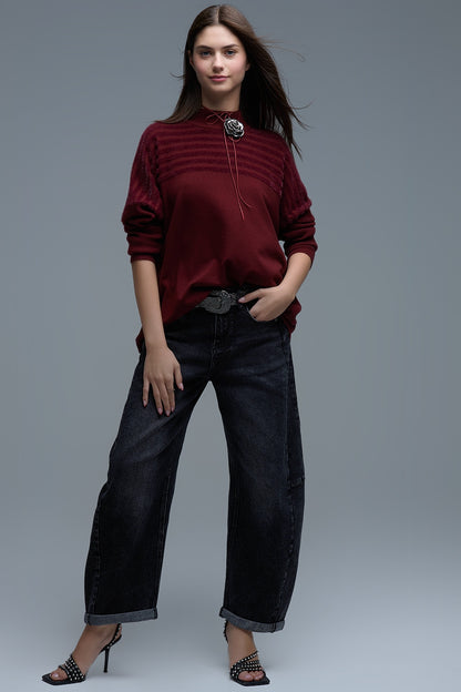 High Neck relaxed Sweater With Textured Stripes in Burgundy