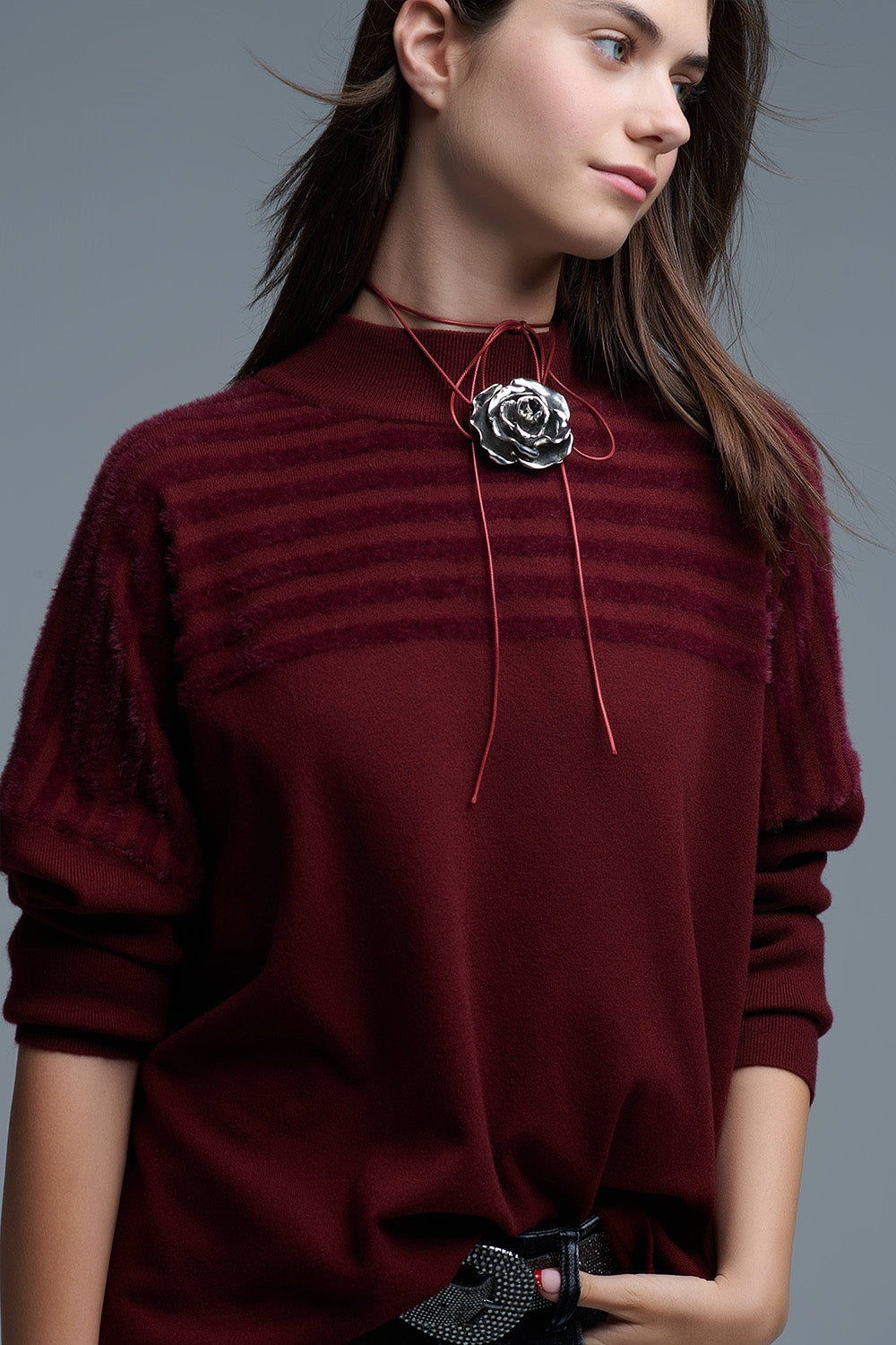 High Neck relaxed Sweater With Textured Stripes in Burgundy