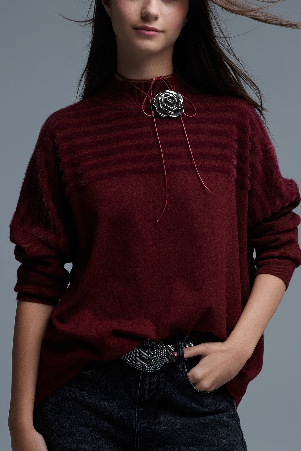 High Neck relaxed Sweater With Textured Stripes in Burgundy
