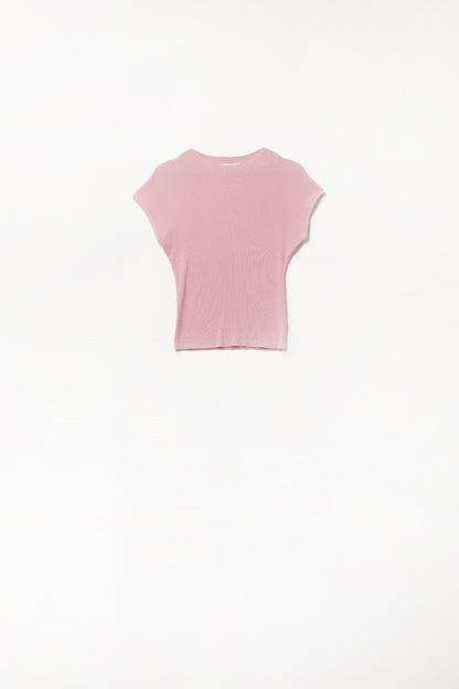 Q2 High Neck short Sleeves ribbed sweater in baby pink