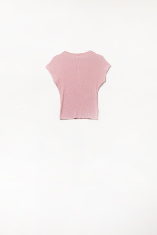 Q2 High Neck short Sleeves ribbed sweater in baby pink