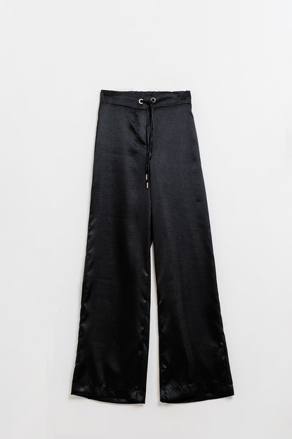 Q2 High Waist Black Satin Wide Leg Pants with Drawstring