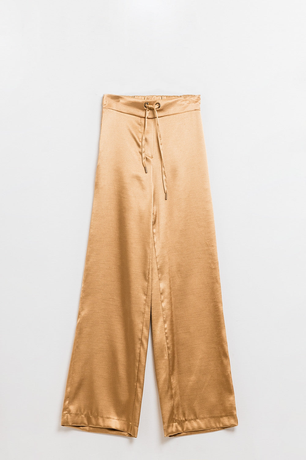 Q2 High Waist Golden Beige Satin Wide Leg Pants with Drawstring