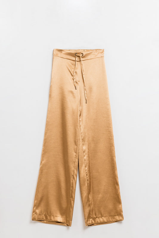 Q2 High Waist Golden Beige Satin Wide Leg Pants with Drawstring