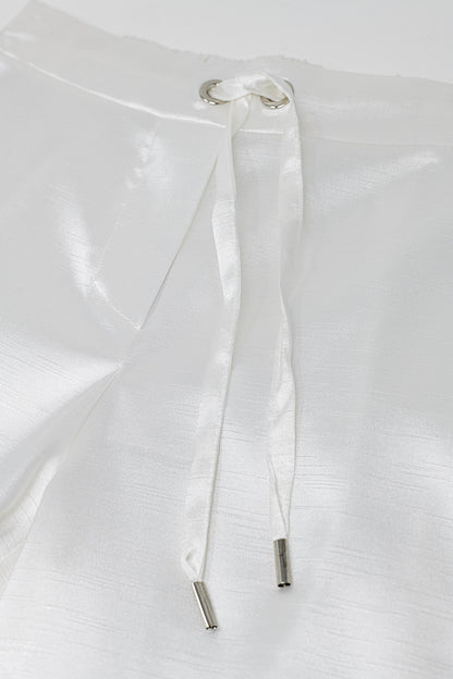 High Waist White Satin Wide Leg Pants with Drawstring