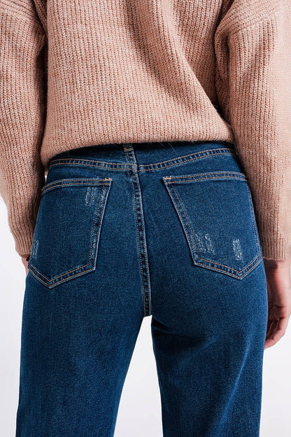 High waisted straight jean with roll hem in blue