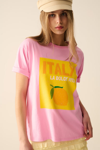 Italy La Dolce Vita Baby Pink T-shirt With Graphic Print